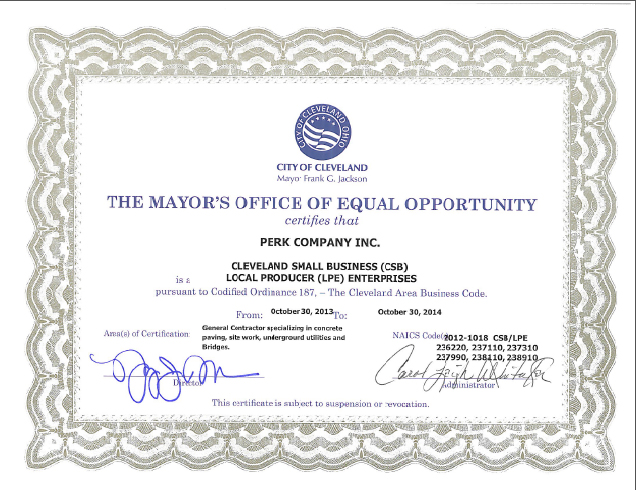 Perk Company, Inc. - City of Cleveland, SBE LPE Certification