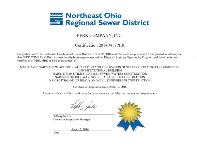 Perk Company, Inc. - Northeast Ohio Sewer District SBE Certification